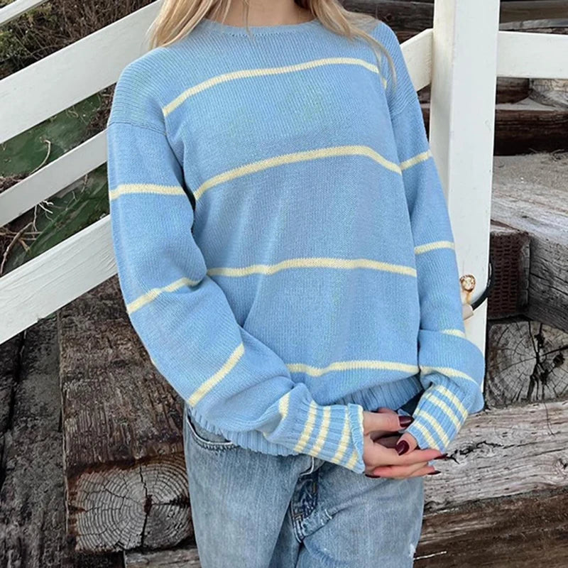 Aiertu  -  cold weather outfits Fashion Striped Women Sweater Y2K O-neck Loose Fit Jumper Top Preppy Style Casual Knitted Pullovers Korean Outfits Aiertu