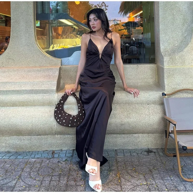 Aiertu  -  Deep V-neck Spaghetti Strap Midi Dress Women Sleeveless Backless Chic Zipper Lace Up Evening Dresses 2025 Summer Satin Robe Aiertu