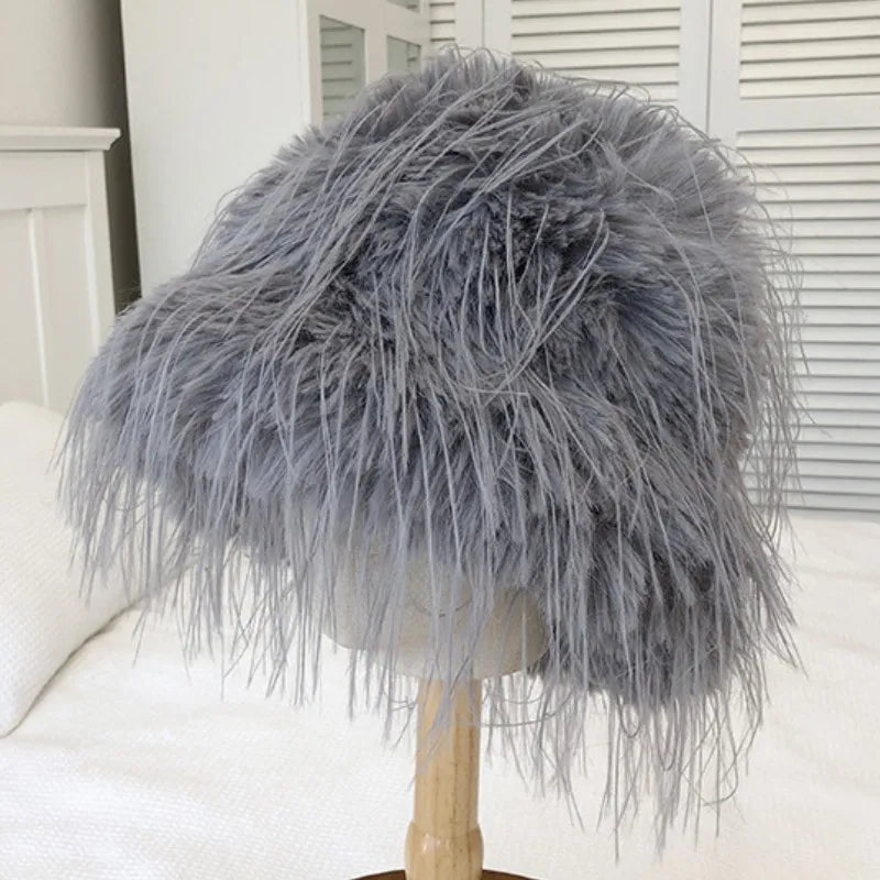 Aiertu  -  Luxury Plush Faux Fur Bucket Hats For Women Fashion Winter Ostrich Feather Female Thicken Warm Fisherman Caps Party Panama Bob Aiertu