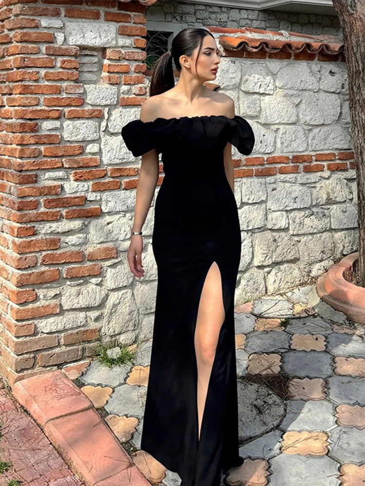 Aiertu  -  layered look inspo Off Shoulder Solid Women Dress Sleeveless Backless Split Lady Dresses Fashion Wave Cut Evening Party Female Maxi Vestidos Aiertu