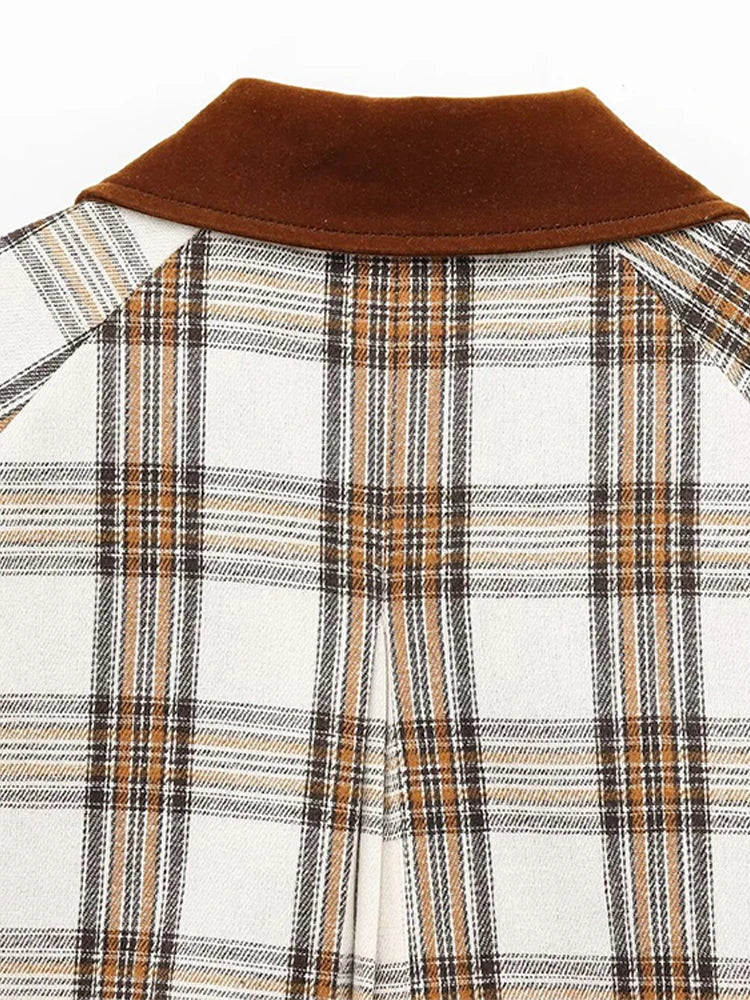 Aiertu  -  Patchwork Plaid Cape Style Jacket Coat Lapel Vintage Pocket Short Overcoat Loose Casual Fashion Temperament Women Outwear Spring Aiertu
