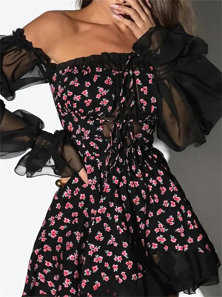 Aiertu  -  Fashion Printed Off-Shoulder Mini Dress Women's Ruffled See-Through Long Sleeve Bandage Patchwork Dress Female Clothes New Aiertu