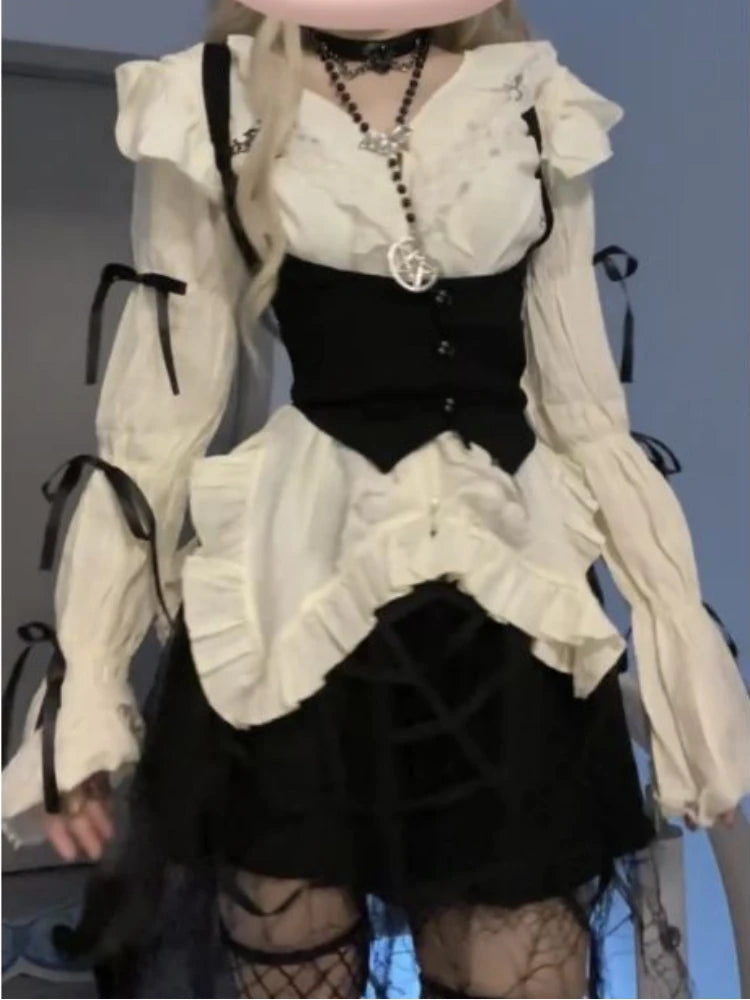 Aiertu  -  Fashion Popular Puff Sleeve Women Blouse Sweet Harajuku Japan Patchwork Lace Women Blouse Slim Waist Y2k Aesthetic 2000s Vests Aiertu