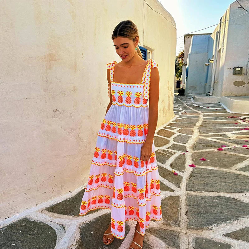 Aiertu  -  Halter Lace Up Print Dress Cake Contrast Color Pleated Layered Suspender Baggy Women Beach Strap Long Dresses Fuffy Robes Summer Aiertu