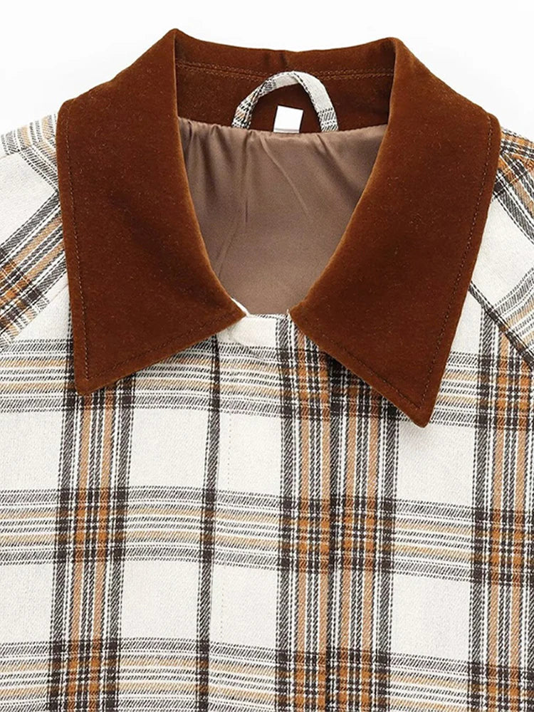 Aiertu  -  Patchwork Plaid Cape Style Jacket Coat Lapel Vintage Pocket Short Overcoat Loose Casual Fashion Temperament Women Outwear Spring Aiertu