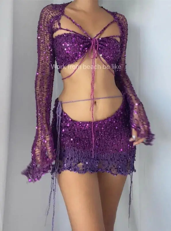 Aiertu  -  party look snspos 2024 Summer Women's Beaded Knitted 3-Piece Set Women's 2000 Sexy Sequined Knitted Party Dress 3-Piece Set Aiertu