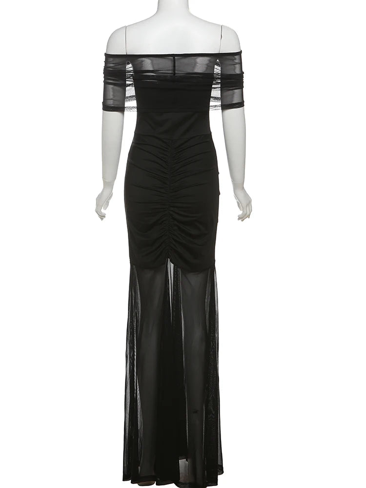 Aiertu  -  Summer Trend Maxi Dress Women Double Deck Ruched Slash Neck Short Sleeve Midnight Simple Solid Stretch Slim Vestidos Aiertu