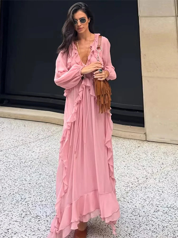 Aiertu  -  Ruffle Lace Deep V-neck Big Swing Long Dress Women Elegant Drawstring High Waist Long Flare Sleeve Holiday Pleated Lady Dresses Aiertu