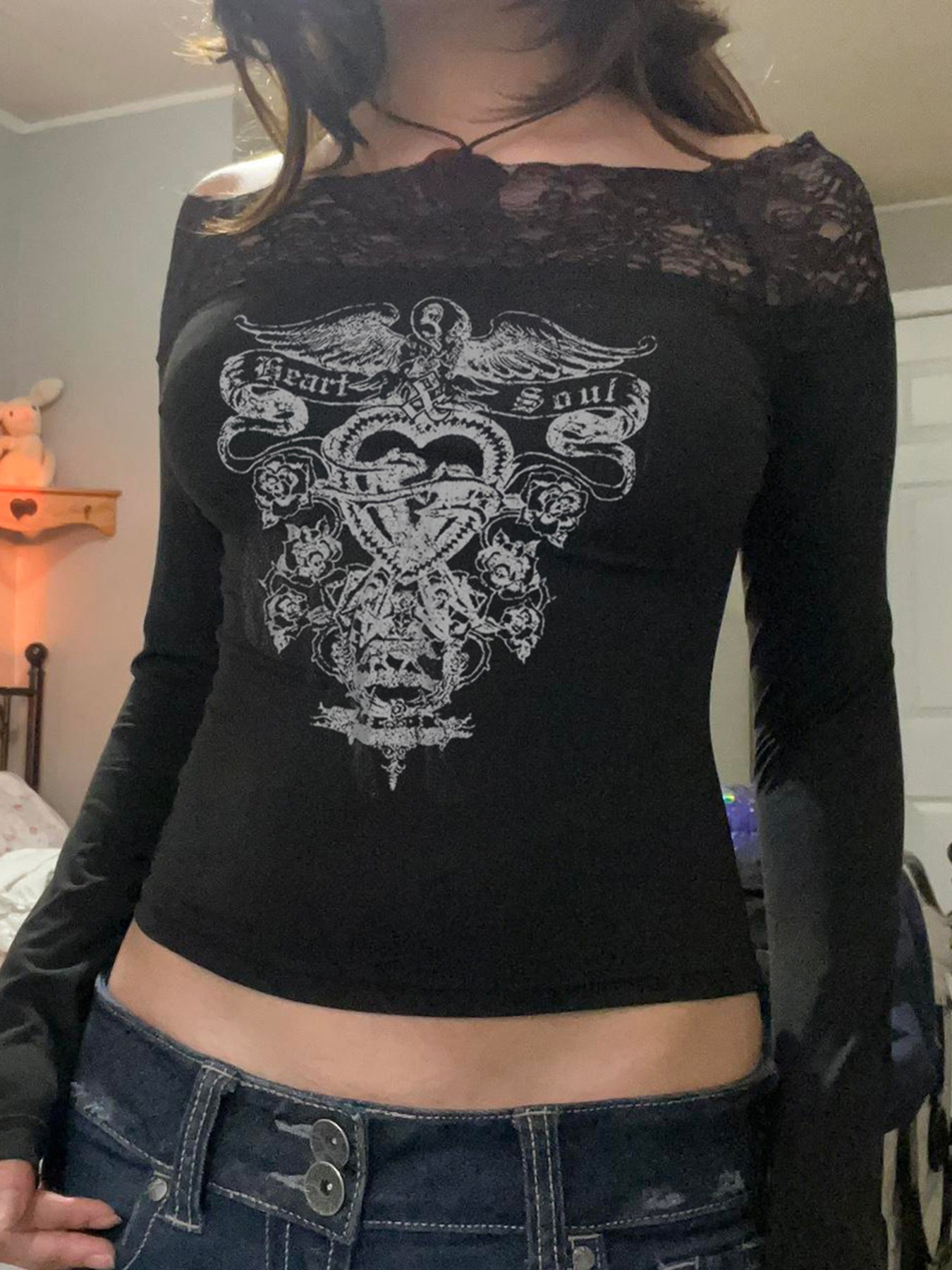 Aiertu - summer inspo Gothic Retro Lace Trim Slash Neck Blouses Women?Long Sleeve Y2k Darkly Chic Print Autumn Trendy Fashion Tops Aiertu