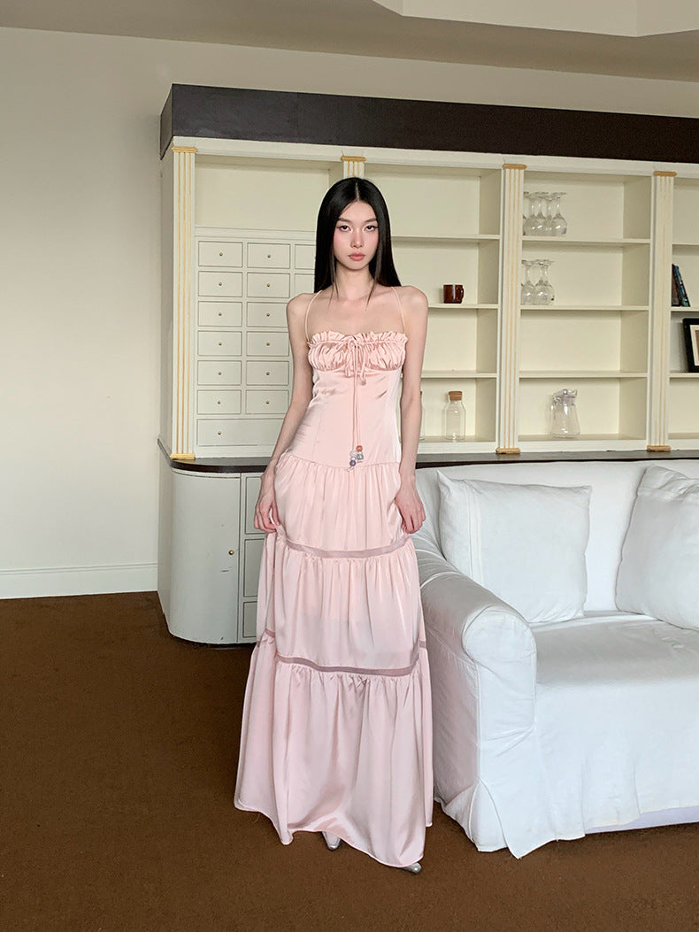 Aiertu  Shirred Lace-Up Tube Top Suspender Dress for Women Hollow Splicing Long Skirt Pink Island Resort Style Satin 1688