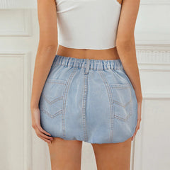 Aiertu  -  Women's Solid Color Denim Bubble Mini Skirts Fashion Low Waist Washed Jean Skirts A-line Skirts with Pockets Aiertu