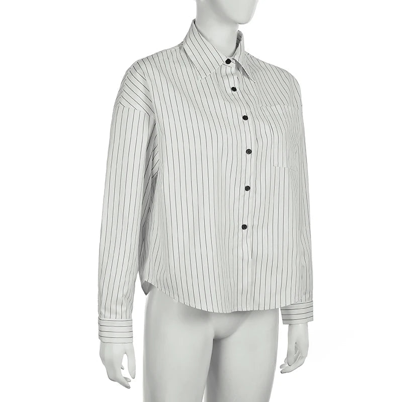 Aiertu  -  Fashion Chic Loose Stripe Women Shirt Top Buttons Long Sleeve Elegant Casual Autumn Blouse Streetwear Clothes Spring Aiertu