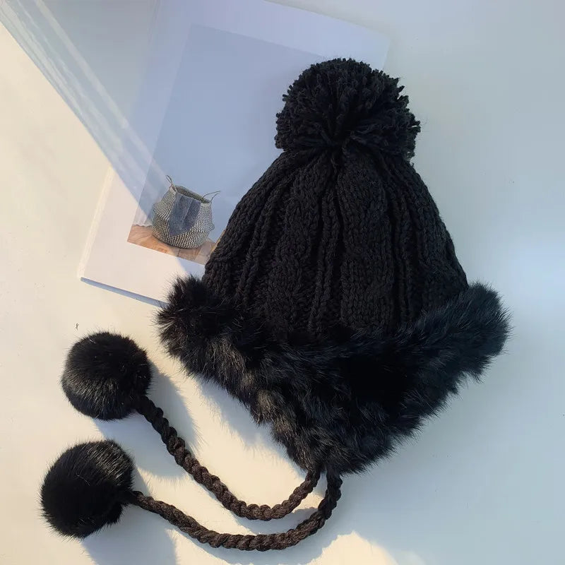 Aiertu  -  Winter Furry Knitted Hat for Women Girls Rabbit Fur Pompom Woolen Beanies Plush Thick Ear Protection Cap Windproof Skiing Bonnet Aiertu