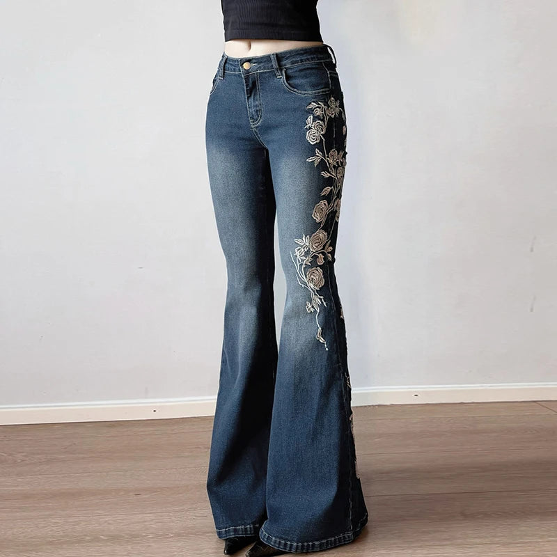 Aiertu  -   Y2K Rose Embroidered Trumpet Jeans Women Fashion Aesthetic Slim Flare Pants Vintage Blue 2000s Denim Trousers Spring Aiertu