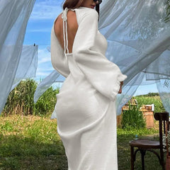 Aiertu  -   Elegant Knitted Sweater Maxi Dress Outfits For Women Flare Sleeve Sexy Backless Lace Up Dress Knitwear Party Clothes Lady Aiertu