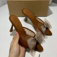 Aiertu  -  Summer Pointed Shoes Woman Open Toe High Heels Shallow Diamond Shining Butterfly-Knot Slingbacks Mesh Ladies Mules Sandals Aiertu