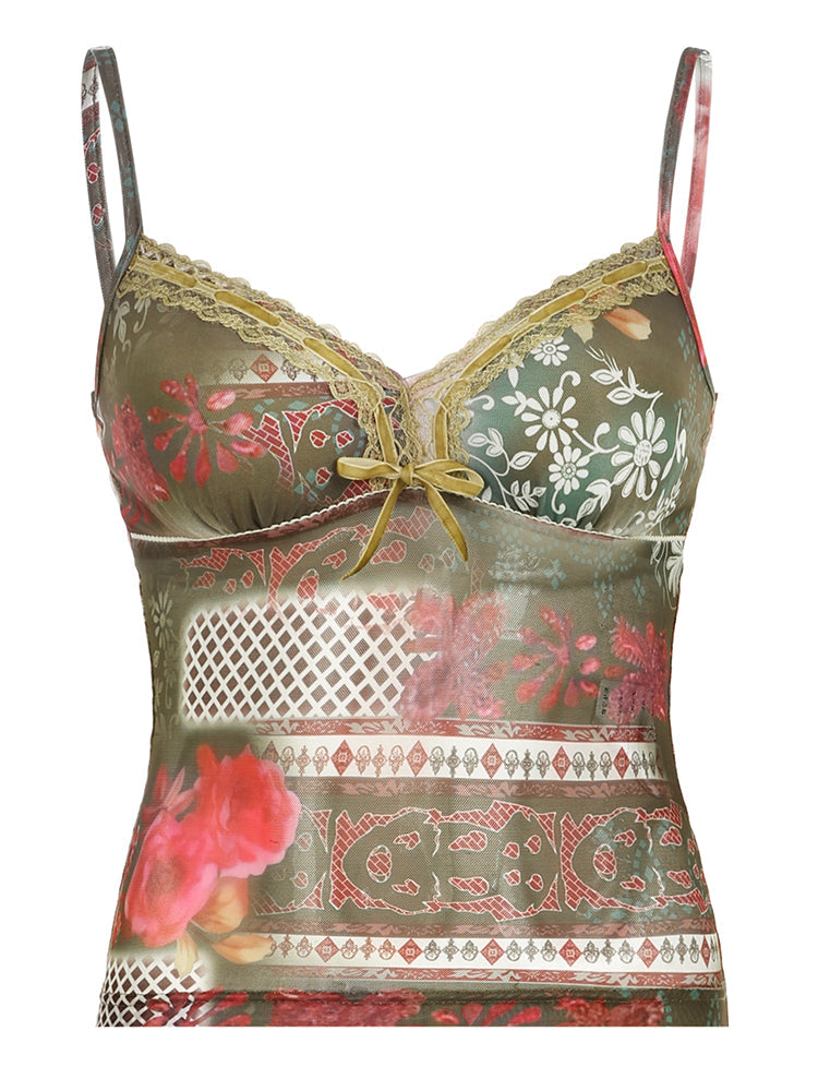 Aiertu - summer inspo Plant And Floral Print Vintage Y2K Aesthetic Mesh Camisole Women Tie Lace Trim Cute Kawaii Clothes Aiertu