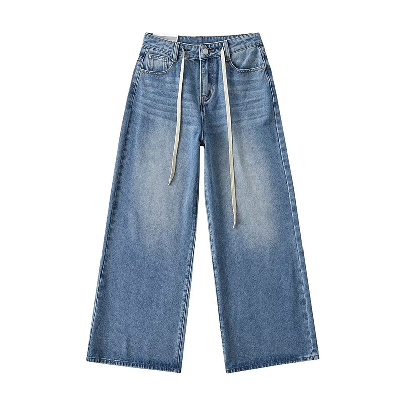 Aiertu Denim Blue Washed Low Rise Straight Leg Jeans Pants Aiertu