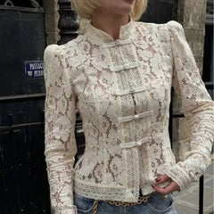 Aiertu  -  Long Sleeve Lace Elegant Shirt Women Top Autumn Stand Collar Single-breasted Slim Temperament See Through Shirts Aiertu