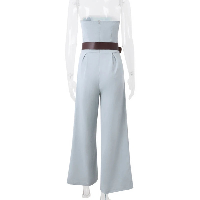 Aiertu  -  Temperament Women Strapless Rompers 2025 Spring Off-shoulder Backless High-waist Folds Jumpsuits Wide Leg Pants With Belted Aiertu