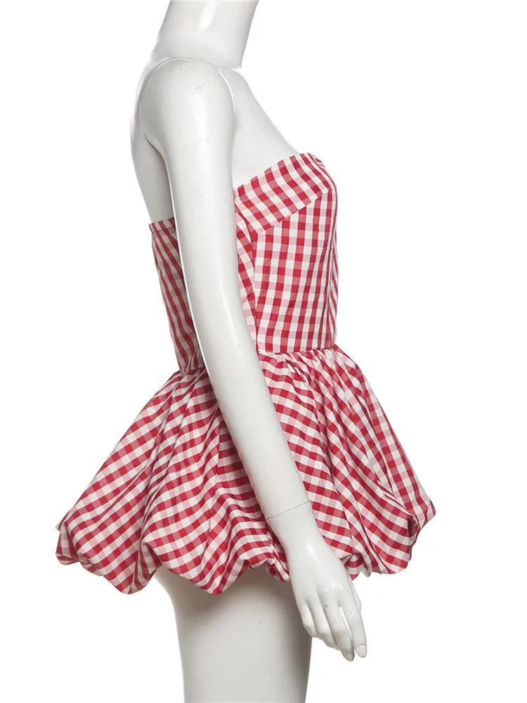 Aiertu  -  Print Red White Checkered Chest Wrap Pleated Fluffy Hem Sleeveless Backless Vacation Versatile Beach Party Trend Tops Aiertu