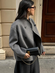 Aiertu  -  Elegant Warm Solid Woolen Cropped Coat Women Chic Stand Collar Double Breasted Long Sleeves Jacket Autumn Lady Commute Outercoat Aiertu