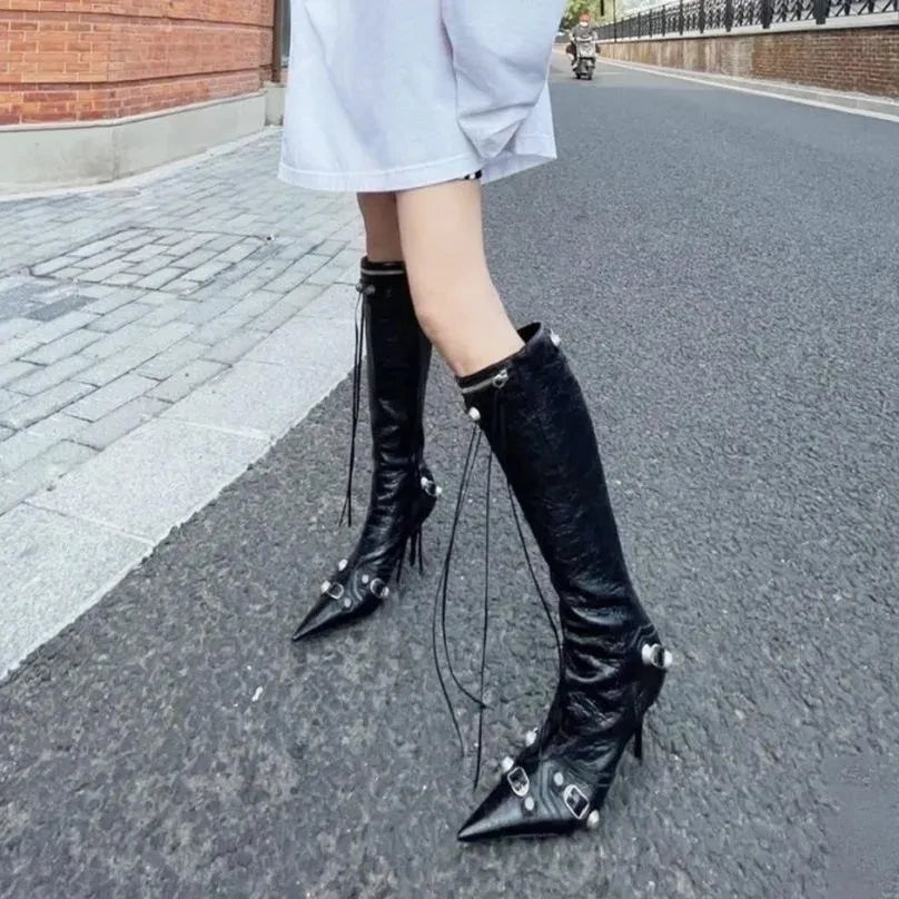 Aiertu    -  Women Sexy Chelsea Boots Pointed Toe High Heels Shoes Designer Winter New Stilettos Knee High Boots Pumps Motorcycle Botas Aiertu