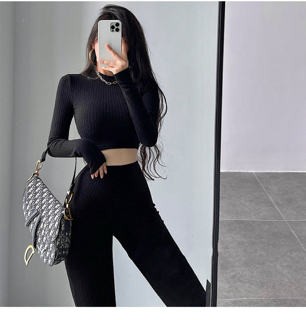 Aiertus Solid Color Ribbed Slim Long Sleeve Cropped Top High Waist Pants Matching Set Aiertu