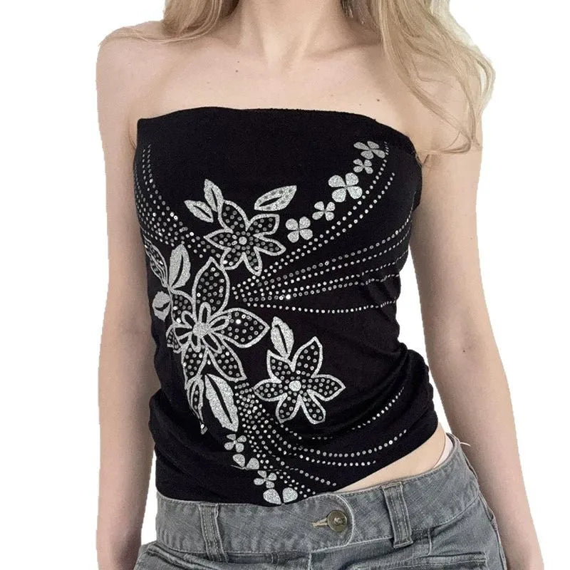 Aiertu  -  Dark wind Y2K babes plant floral print tube top summer slim sexy black backing vest women Aiertu