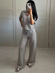 Aiertu  -  Striped Knitted Pullover Pants Sets Women Polo Collar Short Sleeve Tops Straight Trousers Suits Commute Summer 2026 Loose Outfit Aiertu