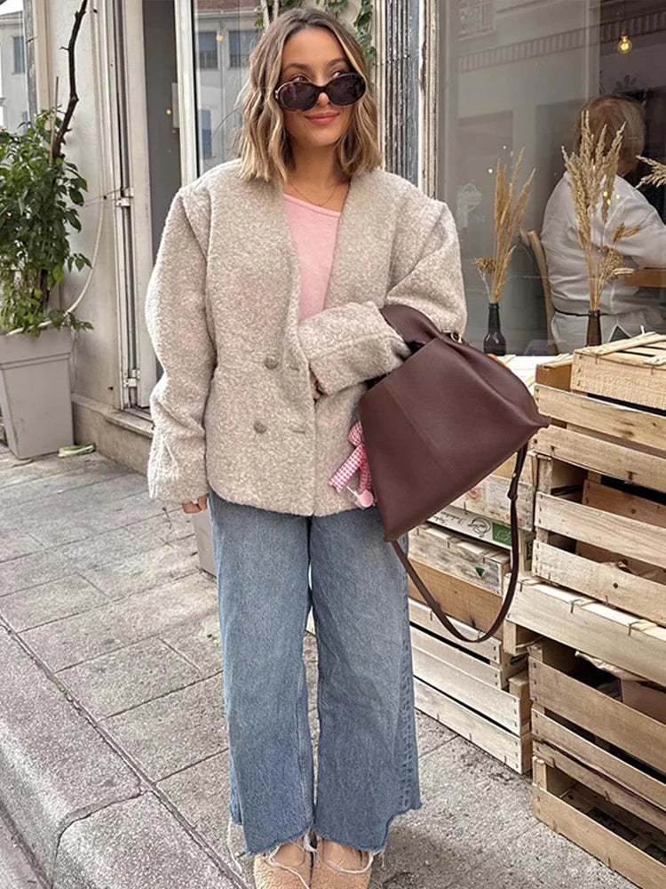 PICSGIRL  -  Faux Fur Jackets Women Casual Loose V Neck Double Breasted Thick Warm Coats Female  Winter Fashion Solid Long Sleeves Coat Aiertu