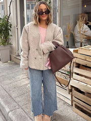 PICSGIRL  -  Faux Fur Jackets Women Casual Loose V Neck Double Breasted Thick Warm Coats Female  Winter Fashion Solid Long Sleeves Coat Aiertu