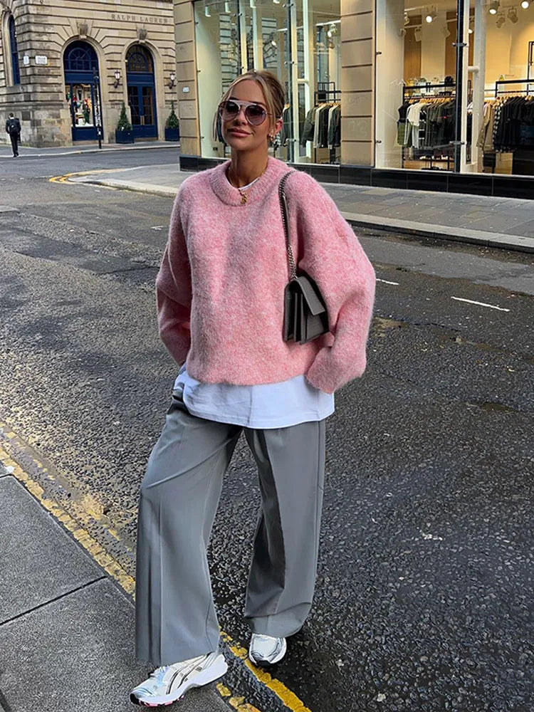 Aiertu     -  Fall Outfits 2026 Casual Pink Women Cashmere Knitted Sweater Drop Shoulder Round Neck Knit Pullover New Autumn Lady Loose Fit Long Sleeve Jumper Aiertu