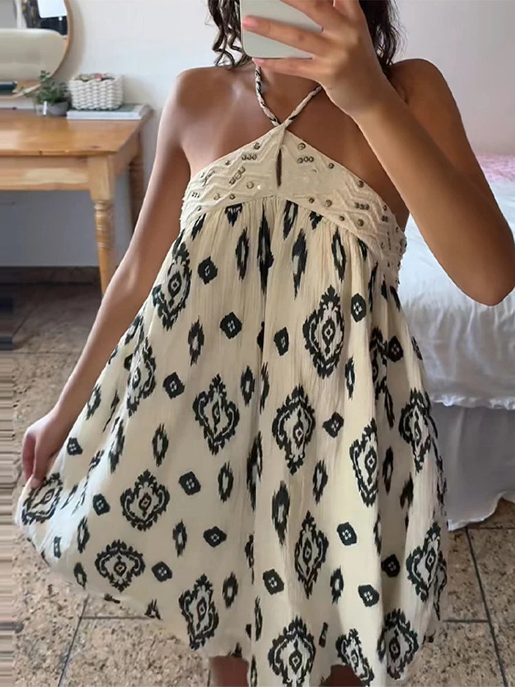 Aiertu  -  Y2K Patchwork Halter Mini Dress For Women Chic Floral Print Sleeveless Backless Party Dress Summer Vacation Beach Lady Vestidos Aiertu