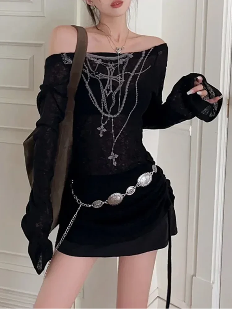 Aiertu  -  New Fashion Women Off Shoulder Black Long Sleeve T-Shirt Korean Retro Gothic Y2K High Printed Thin Knitted One Word Neck T-Shirt Aiertu