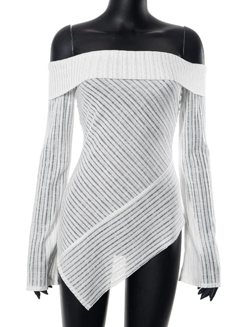 Aiertu  -  2026 Fall Woman Clothing Slash Neck White T-shirts Fashion Off Shoulder Irregular Tee Shirt Streetwear Female See-through Tops Aiertu