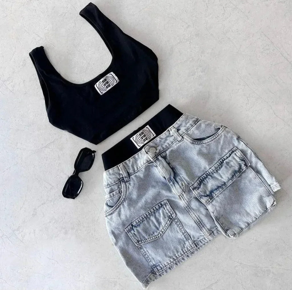 Aiertu  -  Harajuku Retro Style Sexy Hot Girl Two-piece Vest with Sweet Printed Low Waist Patchwork Slim Denim Short Skirt Y2K Aiertu