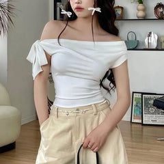 Aiertu  -  2000S New Fashion Folds Bow Solid Color Short Sleeve Sheath T-shirt 2025 Spring Women's Casual Style Slim Fit Lace-up Tees Top Aiertu