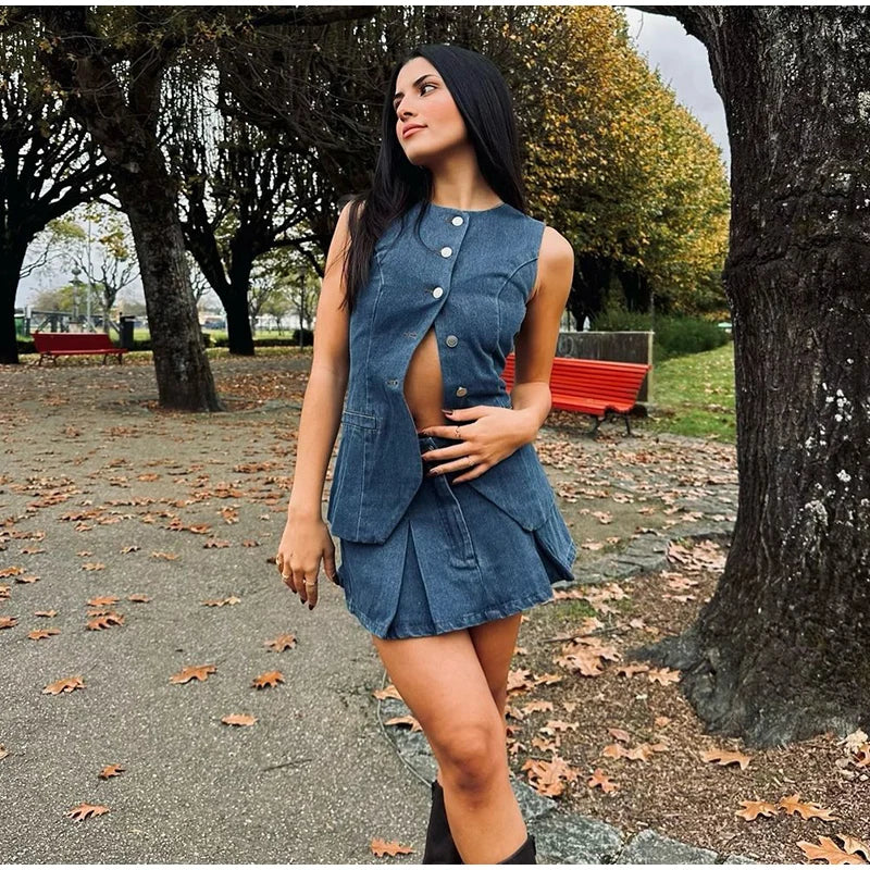 Aiertu  -  2025 Spring New Denim Mini Pleated Skirt Sets For Women Single Breasted Tank Tops Y2K Short Skirt 2 Pieces Sets Lady Chic Outfit Aiertu