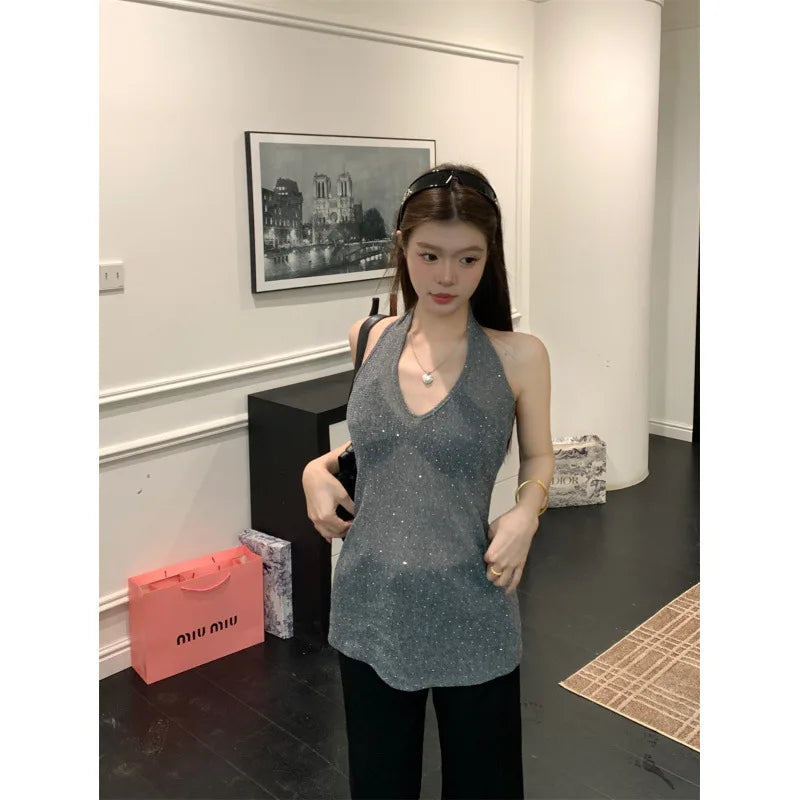 Aiertu  -   New Retro Style Summer Galaxy Shining Silk Thread Micro Transparent Strap Top V-neck Waist Strap Top Aiertu