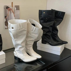 Aiertu    -  Black Boot Knee High Long Shoes Woman Pointed Toe Chunky Heels White Winter Boots Fashion Belt Buckle Rivet Wide-Leg Ladies Shoe Aiertu