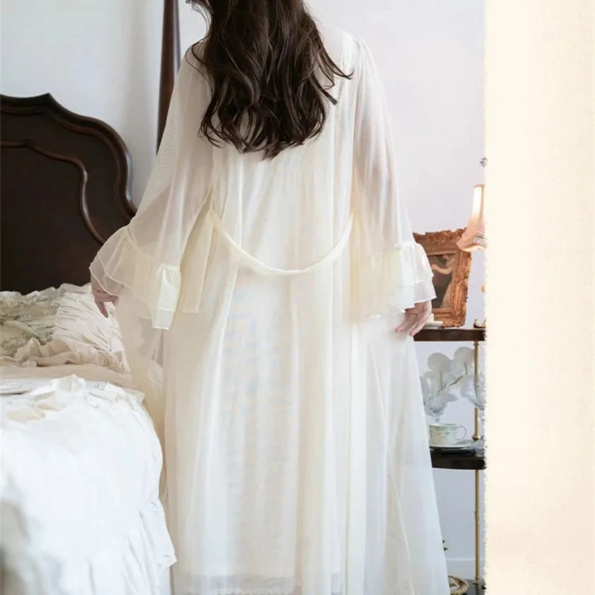 Aiertu  -  Sexy Womens Nightdress Lace Princess Nightgowns Slip Vintage Lady Women 2 Pcs Robe Set Autumn Pajama Sleepwear Bathrobe Home Set Aiertu