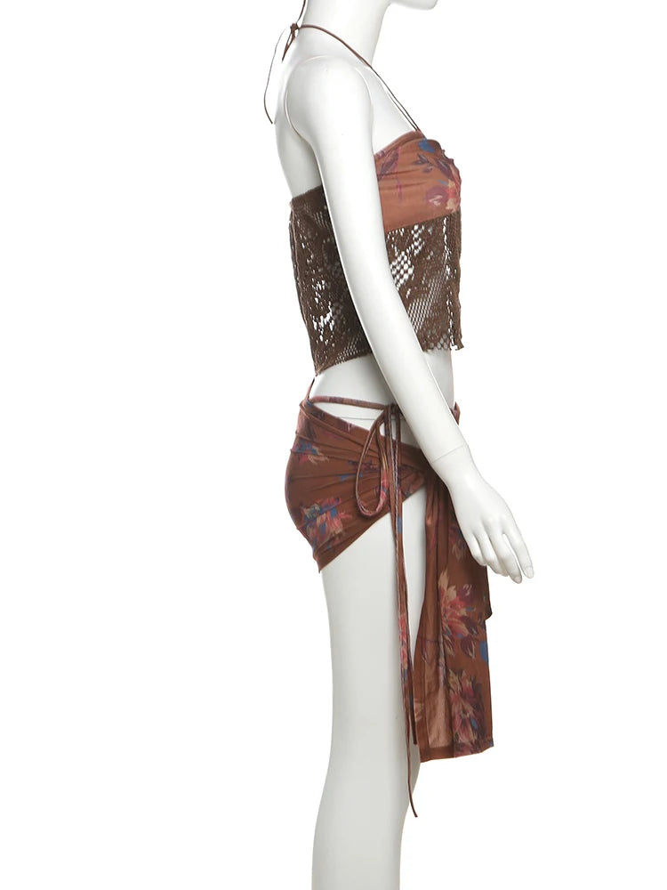 Aiertu  -  Fashion 3 Piece Set Women Flower Print Mesh Patchwork Camisole+Lace-up Briefs+Ruched Knot Skirts Beach Style Outfits Aiertu