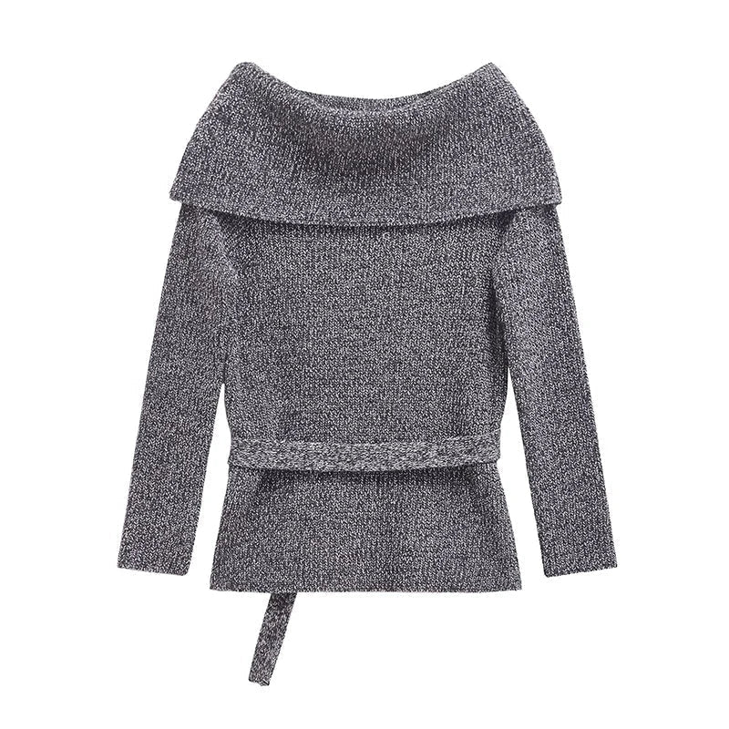 Aiertu  -  High Street Women Sexy Off Shoulder Knit Sweater Long Sleeve With Belt Slim Gray Pullover Female Autumn Winter Knitwear Aiertu