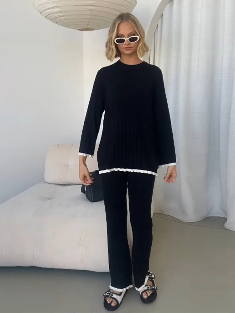 Aiertu  -  2026 Autumn Ruffle Basic Knitted Pants Set Round Neck Long Sleeves Top Wide Leg Trousers Suits Female 2026 Casual Office Outfits Aiertu