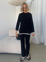 Aiertu  -  2026 Autumn Ruffle Basic Knitted Pants Set Round Neck Long Sleeves Top Wide Leg Trousers Suits Female 2026 Casual Office Outfits Aiertu