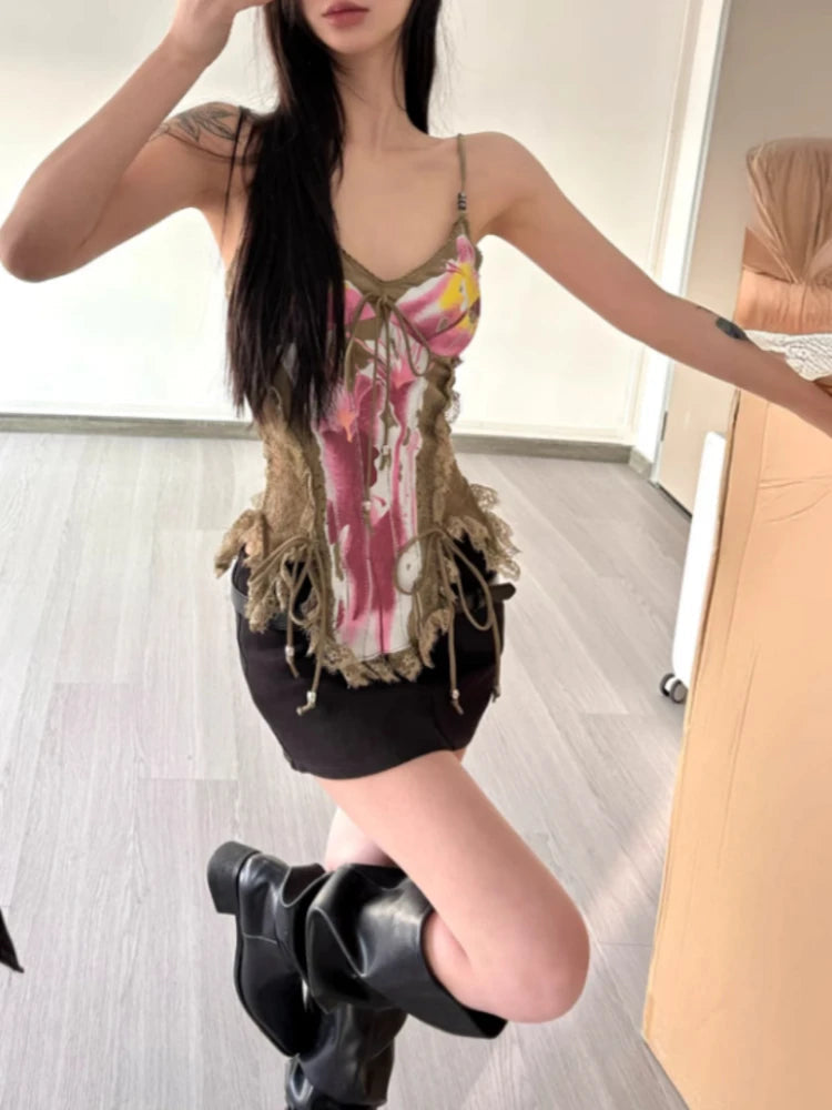 Aiertu  -  Vintage Lace Patchwork Streetwear Tanks Women Printing Slim Fit Bandage Camisole Summer Harajuku Sexy Y2k Aesthetic Tank Top Aiertu