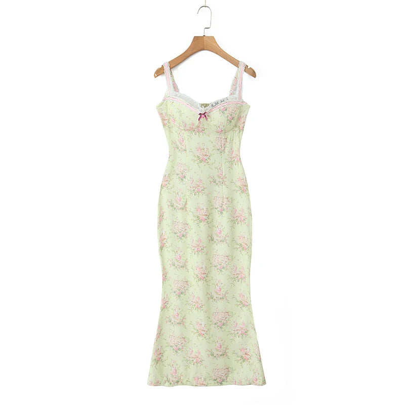 Aiertu  -  French Style Floral Print Sling Dress Women Sexy Slit Holiday Summer Dresses Elegant Lady Prairie Chic Party Robe Midi Vestidos Aiertu