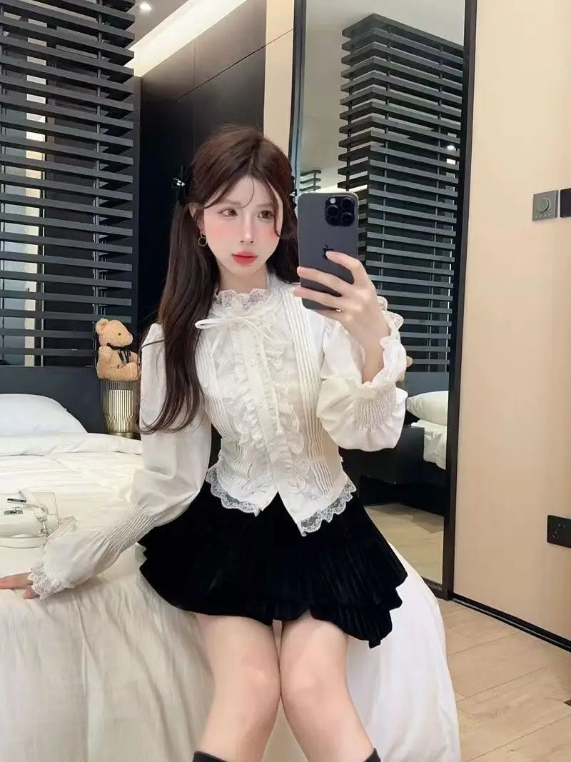 Aiertu Horn Bubble Sleeve Shirt Women's Half High Collar Top Lace Bottom Shirt Aiertu
