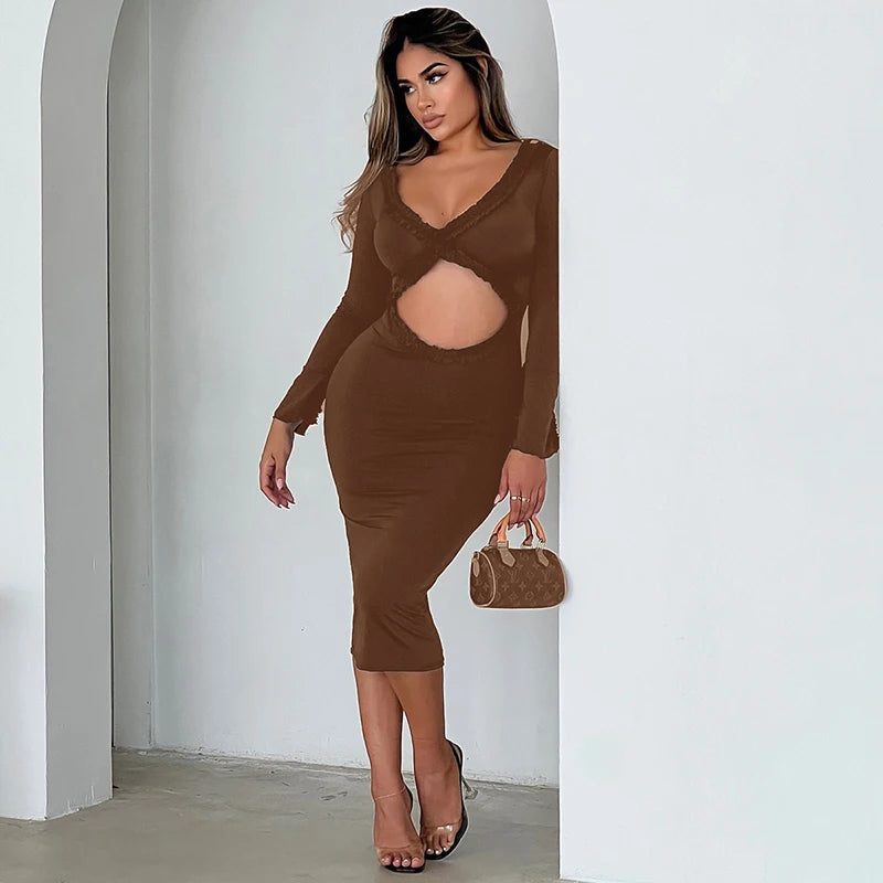 Aiertu  -  V Neck Sexy Hollow Out Ruched Lace Dress Women's Elegant Slim Dress Fill Sleeve Femme Holiday Beach Evening Dress Ladies Aiertu